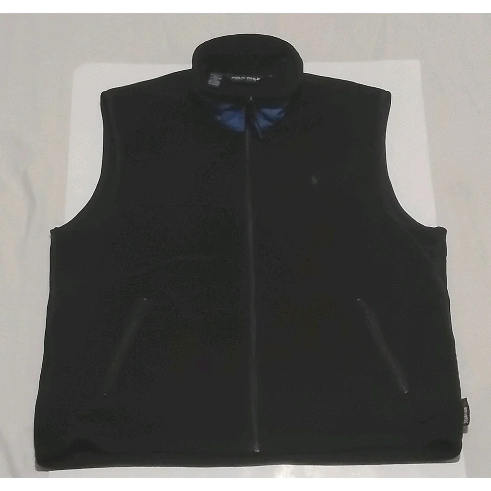 VTG 90s Polo Golf Ralph Lauren Polartec Fleece Vest  Black Blue Collar Mens L